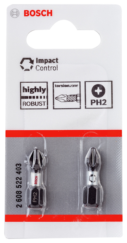 Förpackning med två Bosch-skruvbits, PH2, Impact Control, med texten "highly robust" och "torsion zone".