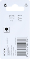 Förpackning med information om Bosch bits PH2, 25 mm, och skruvar 3,5-5,0 mm.