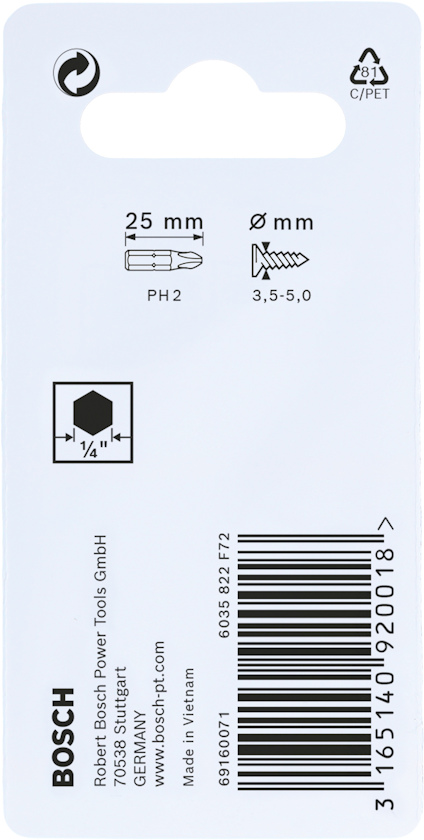 Förpackning med information om Bosch bits PH2, 25 mm, och skruvar 3,5-5,0 mm.