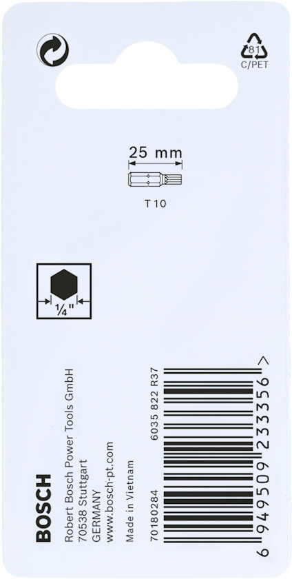 Förpackning med Bosch-tillbehör, text: "T10", "25 mm", "C/PET", "Made in Vietnam", "060398217F".