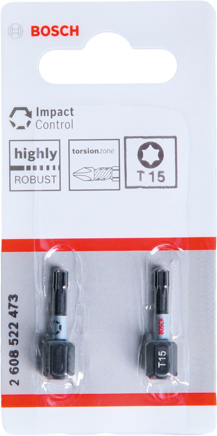 Förpackning med två Bosch T15 bitsskruvmejselspetsar, Impact Control.