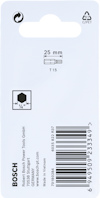 Förpackning med Bosch-produkt, specifikation 25 mm T15. Styrkoden 6949509233364 synlig. Tillverkad i Vietnam.