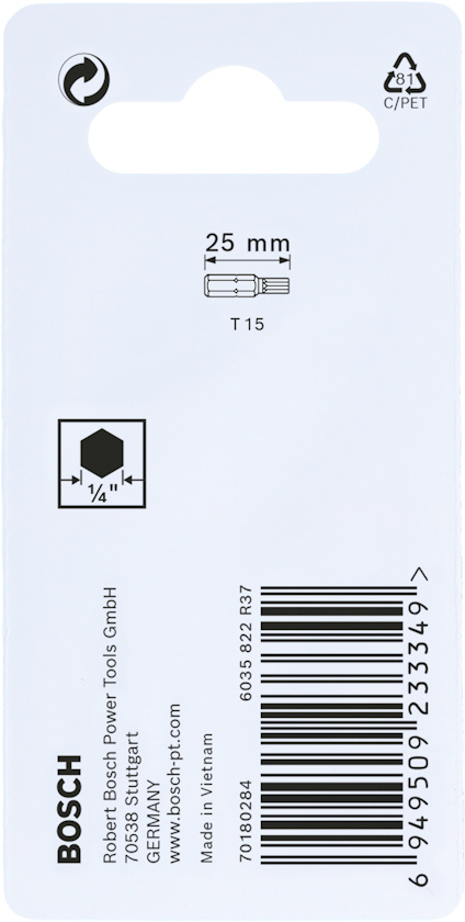 Förpackning med Bosch-produkt, specifikation 25 mm T15. Styrkoden 6949509233364 synlig. Tillverkad i Vietnam.