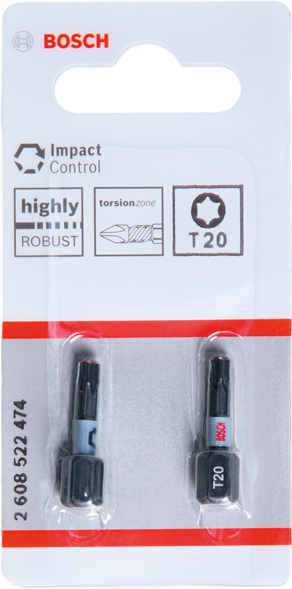 Förpackning med två Bosch T20 bits för skruvdragare, "Impact Control", text "highly robust".