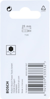 Vit Bosch-förpackning med text: "25 mm, T 20". Återvinning symbol och E81 C/PET-märkning. Gjord i Vietnam. Streckkod: 6949509233332.