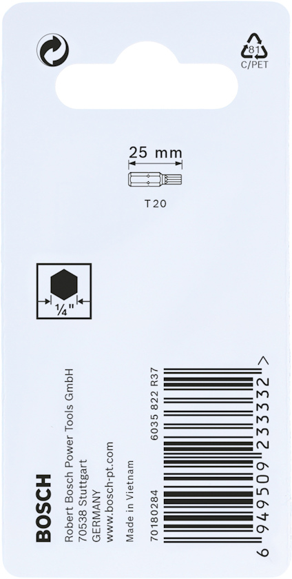 Vit Bosch-förpackning med text: "25 mm, T 20". Återvinning symbol och E81 C/PET-märkning. Gjord i Vietnam. Streckkod: 6949509233332.