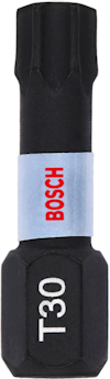 En svart bits med texten "T30" i vitt och en vit ring med röd text "BOSCH".