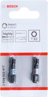 Förpackning med två Bosch T30 bits, märkt med "Impact Control", "highly ROBUST" och "torsion zone".