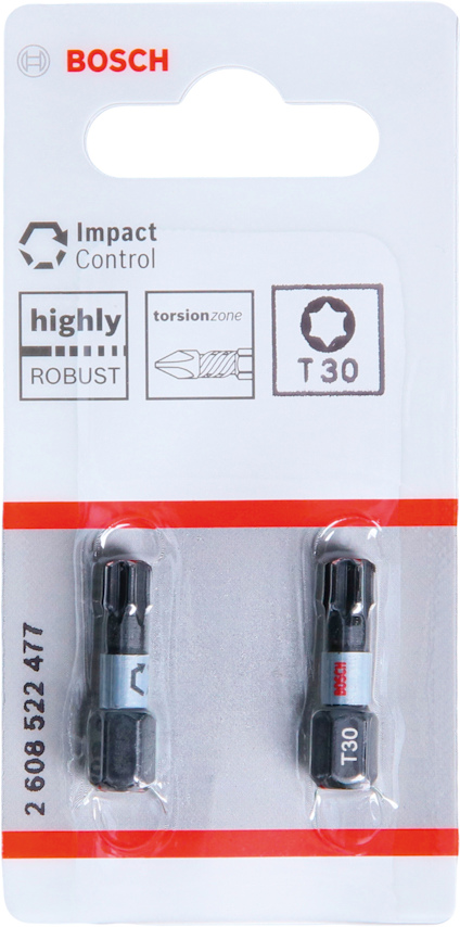 Förpackning med två Bosch T30 bits, märkt med "Impact Control", "highly ROBUST" och "torsion zone".