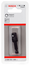 Förpackning med Bosch ¼" till ¾" adapter, märkt "Impact Control". Kvalitetscertifiering: "highly robust". Produktnummer: 2 608 551 108.