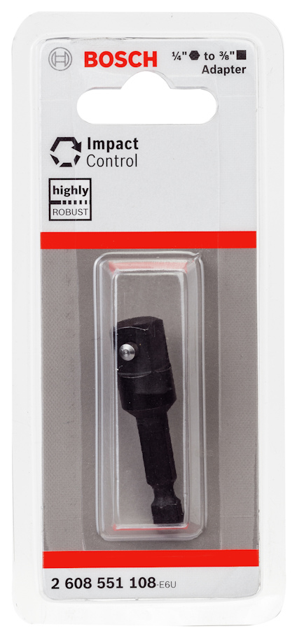 Förpackning med Bosch ¼" till ¾" adapter, märkt "Impact Control". Kvalitetscertifiering: "highly robust". Produktnummer: 2 608 551 108.