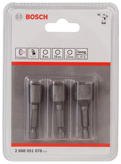 Förpackning med tre Bosch borrtillbehör i olika storlekar: 8 mm, 10 mm, 13 mm. "Long Life" markeras på etiketten.
