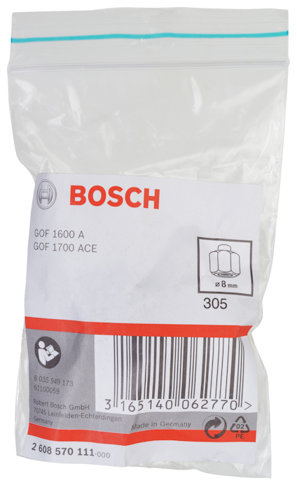 Plastförpackning från Bosch för tillbehör, markerad med streckkod och text "GOF 1600 A, GOF 1700 ACE".