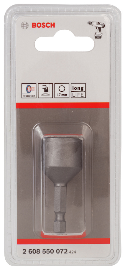 Förpackning med Bosch bitshållare, 17 mm, med lång livslängd. Text: "2 608 550 072".