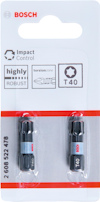 Förpackning med två Bosch T40 bits för skruvdragare, Impact Control, robust design.