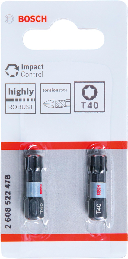 Förpackning med två Bosch T40 bits för skruvdragare, Impact Control, robust design.