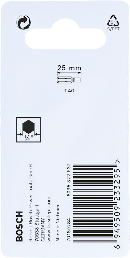 Förpackning med Bosch T40 25 mm bits, inkluderar streckkod och återvinningssymbol.