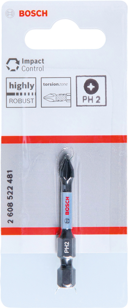 Skruvmejselbits i förpackning, Bosch-märke, PH2, Impact Control, artikelnummer 2 608 522 481.