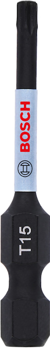 Svart skruvbits med sexkantigt fäste, märkt "T15" och Bosch-logotypen på en vit etikett.
