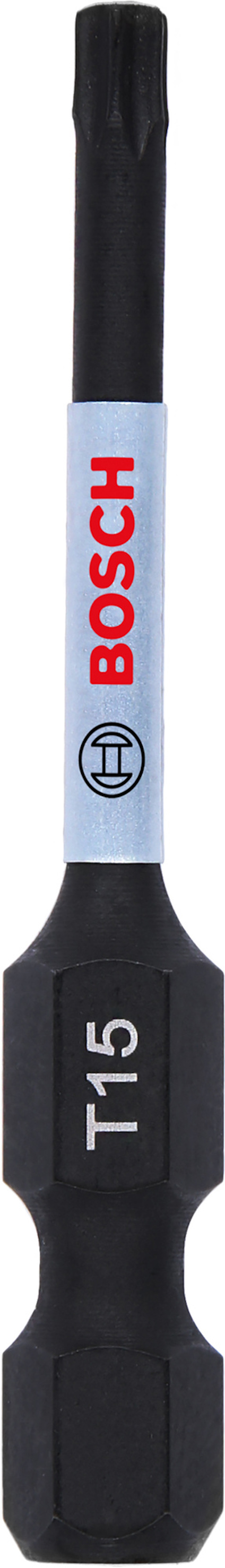 Svart skruvbits med sexkantigt fäste, märkt "T15" och Bosch-logotypen på en vit etikett.