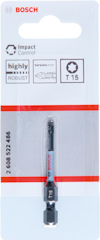 Förpackning med en Bosch T15 skruvbits, text: "Impact Control, torsion zone, highly robust".