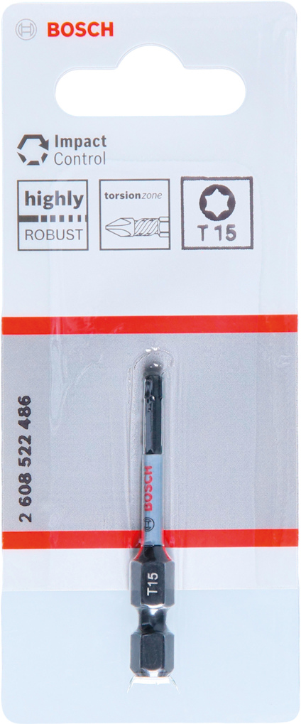 Förpackning med en Bosch T15 skruvbits, text: "Impact Control, torsion zone, highly robust".