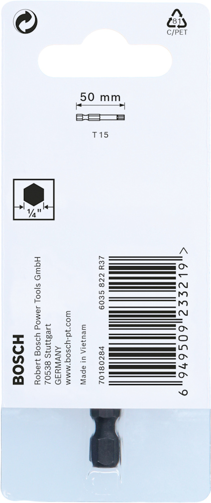 Förpackning med Torx-bit T15, 50 mm, Bosch. Streckkod och text synlig, plastförpackad.