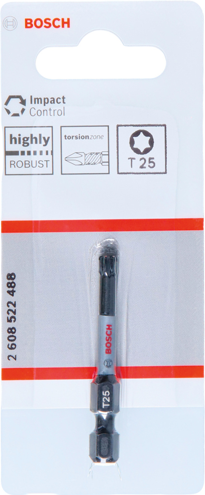 Förpackning med Bosch T25 schrobit för slagkontroll, visande artikelnummer 2 608 522 486.