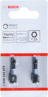 Förpackning med två Bosch T25 bits för skruvdragare, med text "Impact Control" och "highly robust".