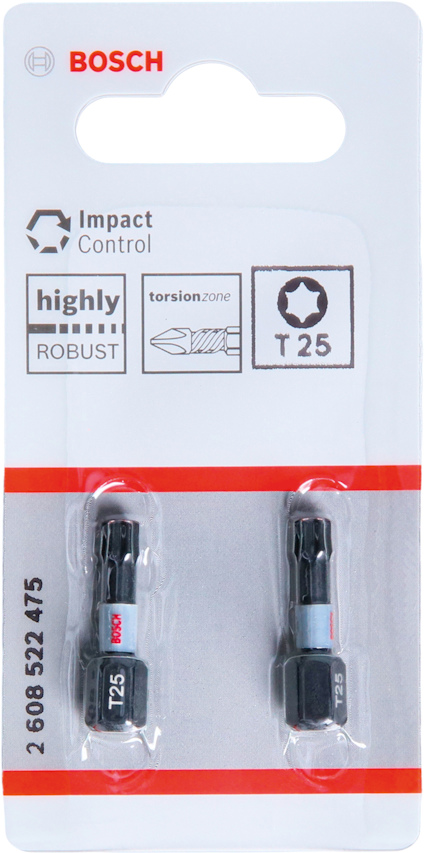 Förpackning med två Bosch T25 bits för skruvdragare, med text "Impact Control" och "highly robust".