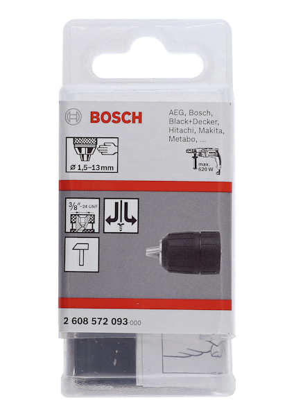 Förpackning med Bosch borrar eller tillbehör, kompatibla med flera verktygsmärken. Text: "0,15-13 mm". Produktnummer: "2 608 572 093-000".