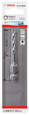 Förpackning med Bosch HSS borrspets, Ø 4,0 mm, total längd 83 mm, arbetslängd 43 mm, för slagborrmaskiner.