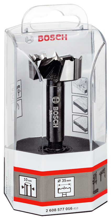 Förpackning med Bosch borr, 35 mm diameter, med illustrationer av användningsområden och specifikationer.