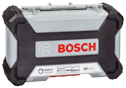 Bosch verktygslåda med 35 delar, "Impact Control", robust design, med grå och svart hölje.