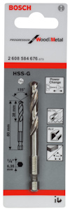 Förpackning med Bosch borr för trä och metall, HSS-G, 80 mm längd, 1/4" (6,35 mm) diameter.
