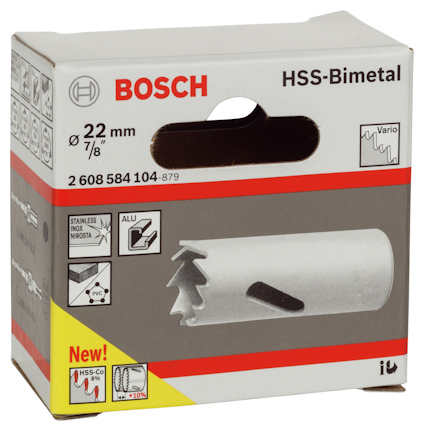 Förpackning från Bosch för HSS-bimetallhålsåg, 22 mm, produktnummer 2 608 584 104, med olika materialillustrationer.