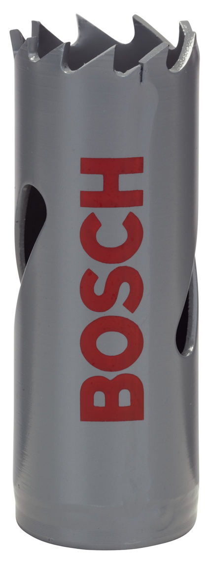 Cylindrisk, grå hålsåg med tandad kant och röd text "BOSCH" på sidan.