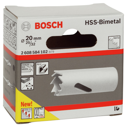 Förpackning med Bosch hålsåg HSS-Bimetall, diameter 20 mm, variabel tanddelning, för metall och plast.