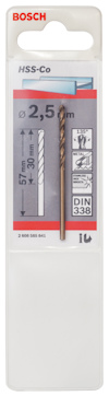 Förpackning med Bosch HSS-Co metallborr, 2,5 mm diameter, 57 mm längd, DIN 338 standard.