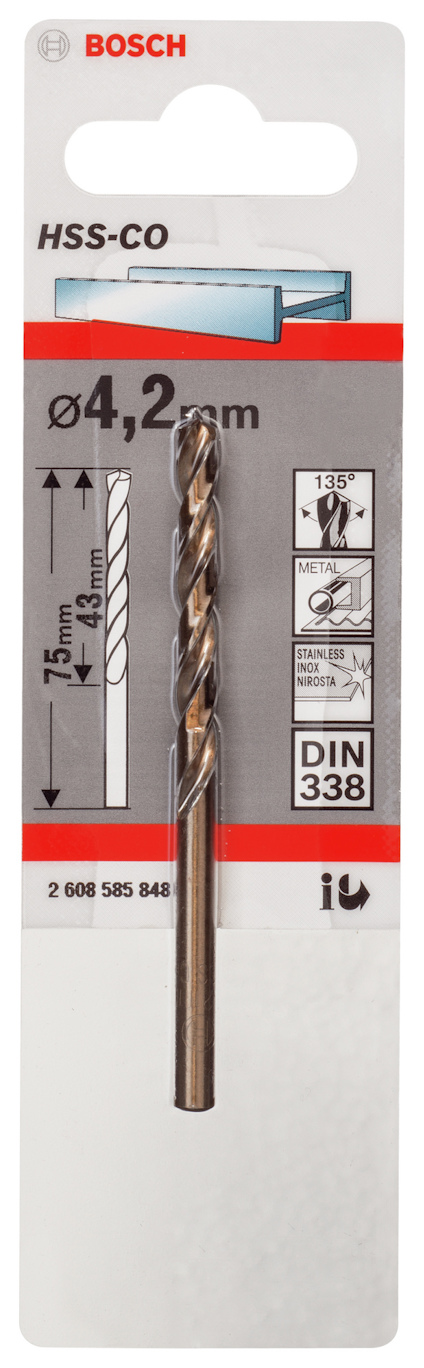 Förpackning med ett Bosch metallborr HSS-CO, 4,2 mm, 75 mm längd, DIN 338-specifikation.
