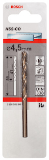 Förpackning med Bosch HSS-CO metallborr, 4,5 mm tjocklek, 80 mm längd, med skärvinkel på 135 grader.