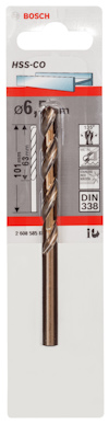 Borr från Bosch, HSS-CO, 6,5 mm, DIN 338, förpackad med märkningar och specifikationer.