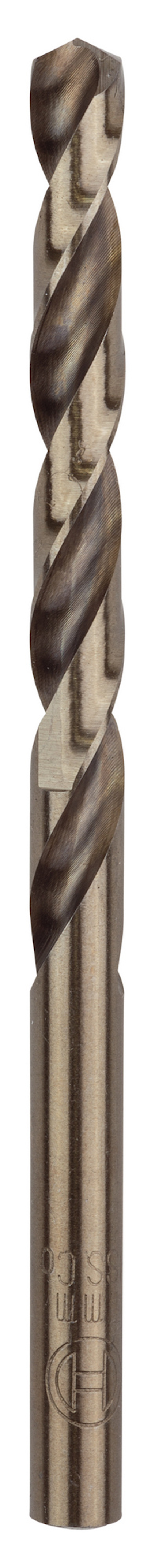 Metallborr i grå metall med spiralformad borrdel och cylindrisk skaft. HSS-stämpel synlig på skaftet.