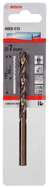 HSS-Co metallborr, 7 mm, Bosch, förpackad på vit och röd kartong med specifikationer och symboler.