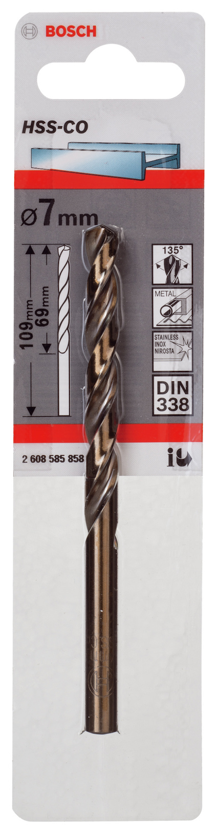 HSS-Co metallborr, 7 mm, Bosch, förpackad på vit och röd kartong med specifikationer och symboler.