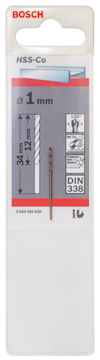 Förpackning av Bosch HSS-Co borr, 1 mm, med diagram och specifikationer.
