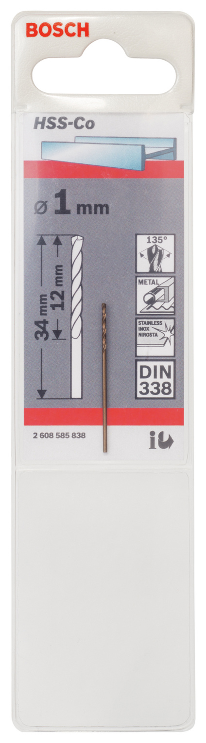 Förpackning av Bosch HSS-Co borr, 1 mm, med diagram och specifikationer.