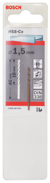 Förpackning för Bosch HSS-Co borr, 1,5 mm, med text "DIN 338" och illustration av borr.