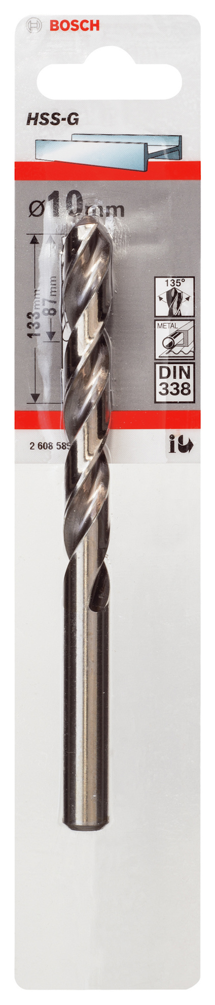 Borr för metall i förpackning, Bosch HSS-G, 10mm diameter, DIN 338, lämplig för metallbearbetning.