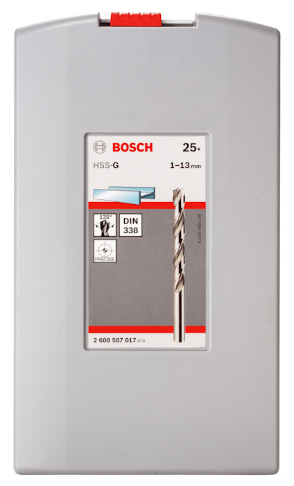 Förpackning med Bosch HSS-G borrset, 25 delar, storlek 1-13 mm.
